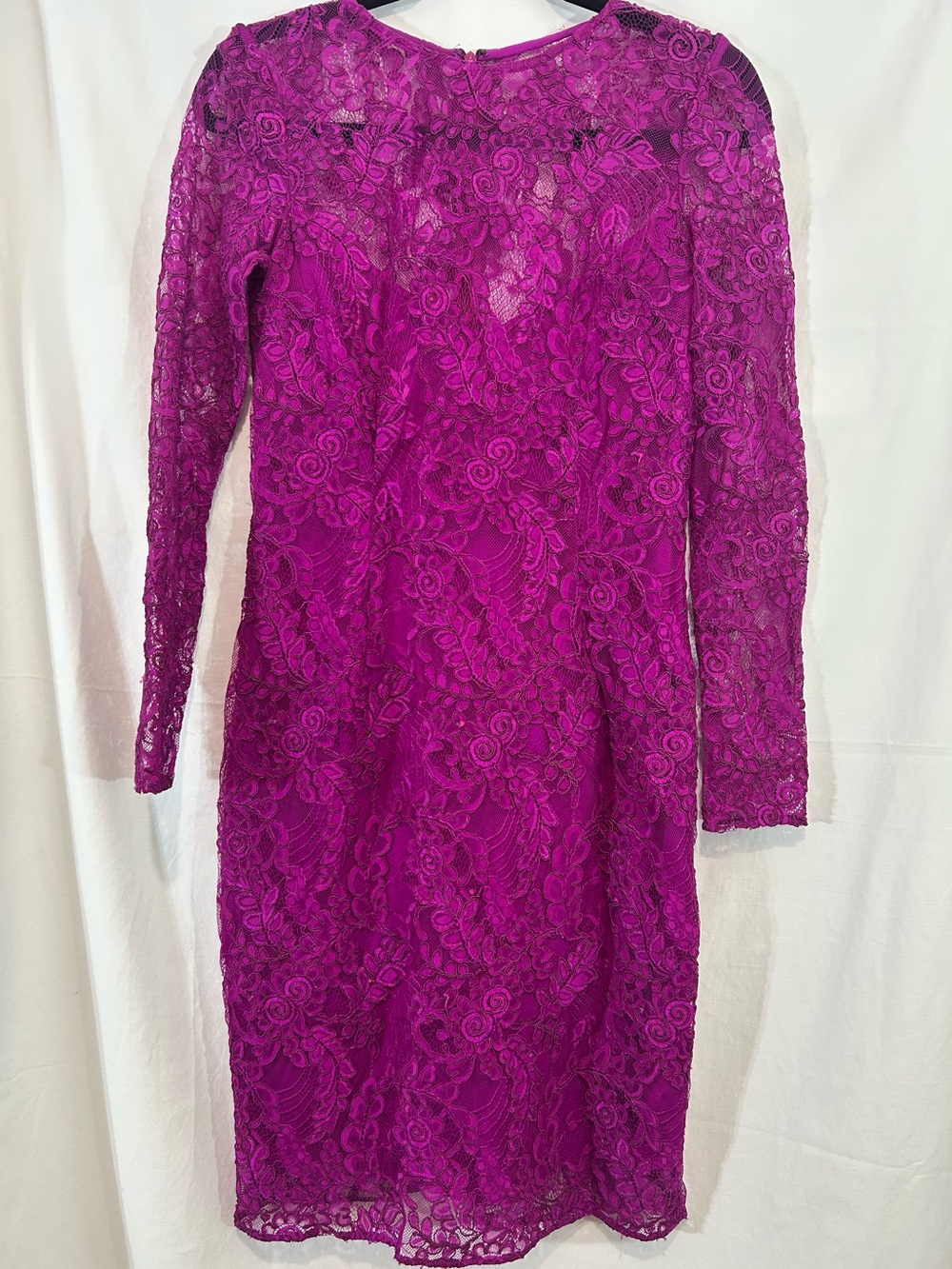 Carmen Marc Valvo Fuchsia Floral Lace Long Sleeve Sheath Dress Size 4